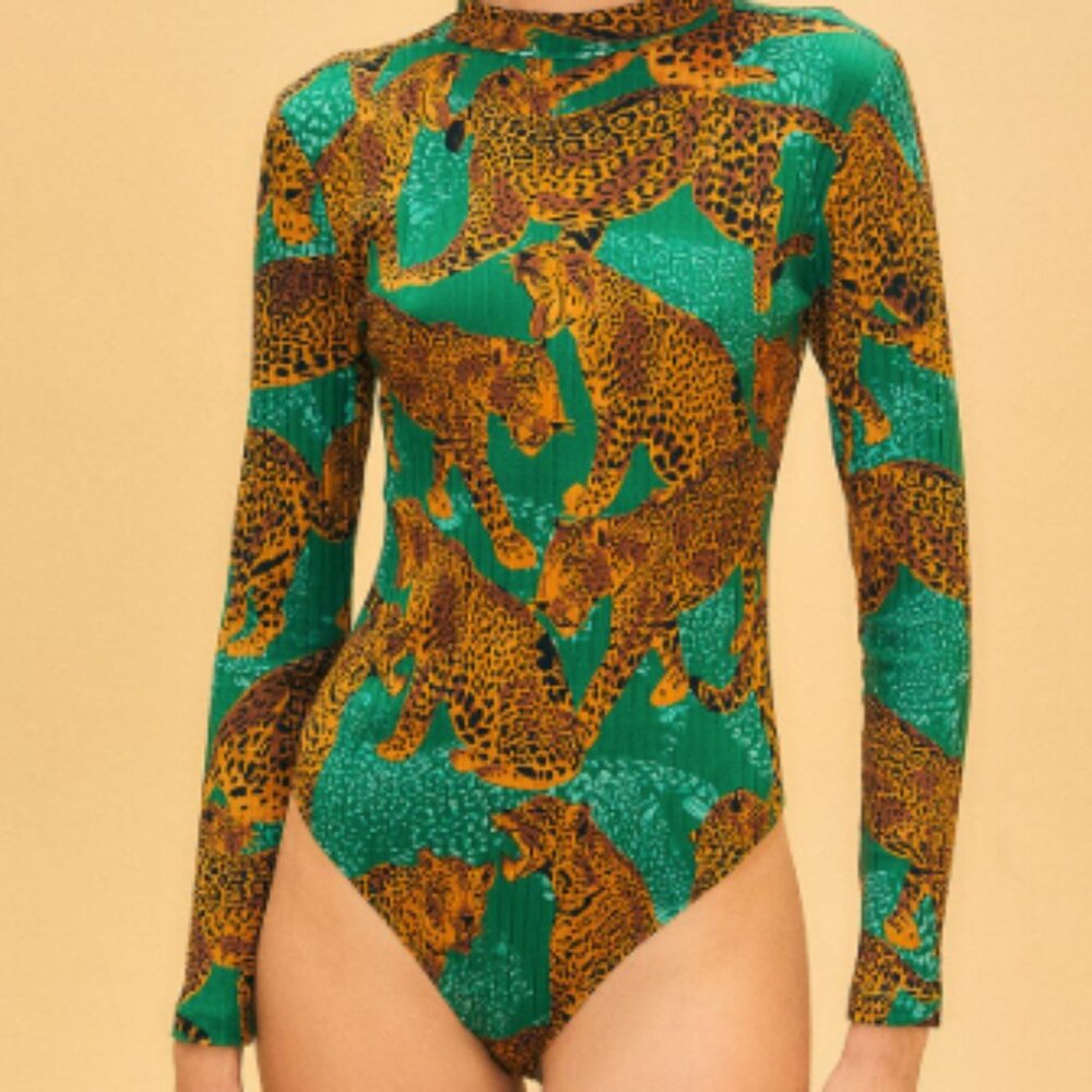 Green ~artsy~ leopard bodysuit FARMRIO (XXS)